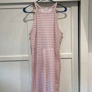 Pink and white striped pant romper.